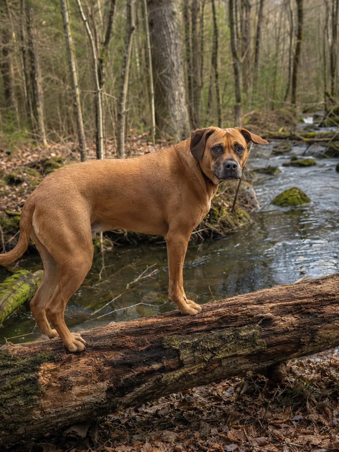 Max, a brown dog, looking toward the camera outdoors