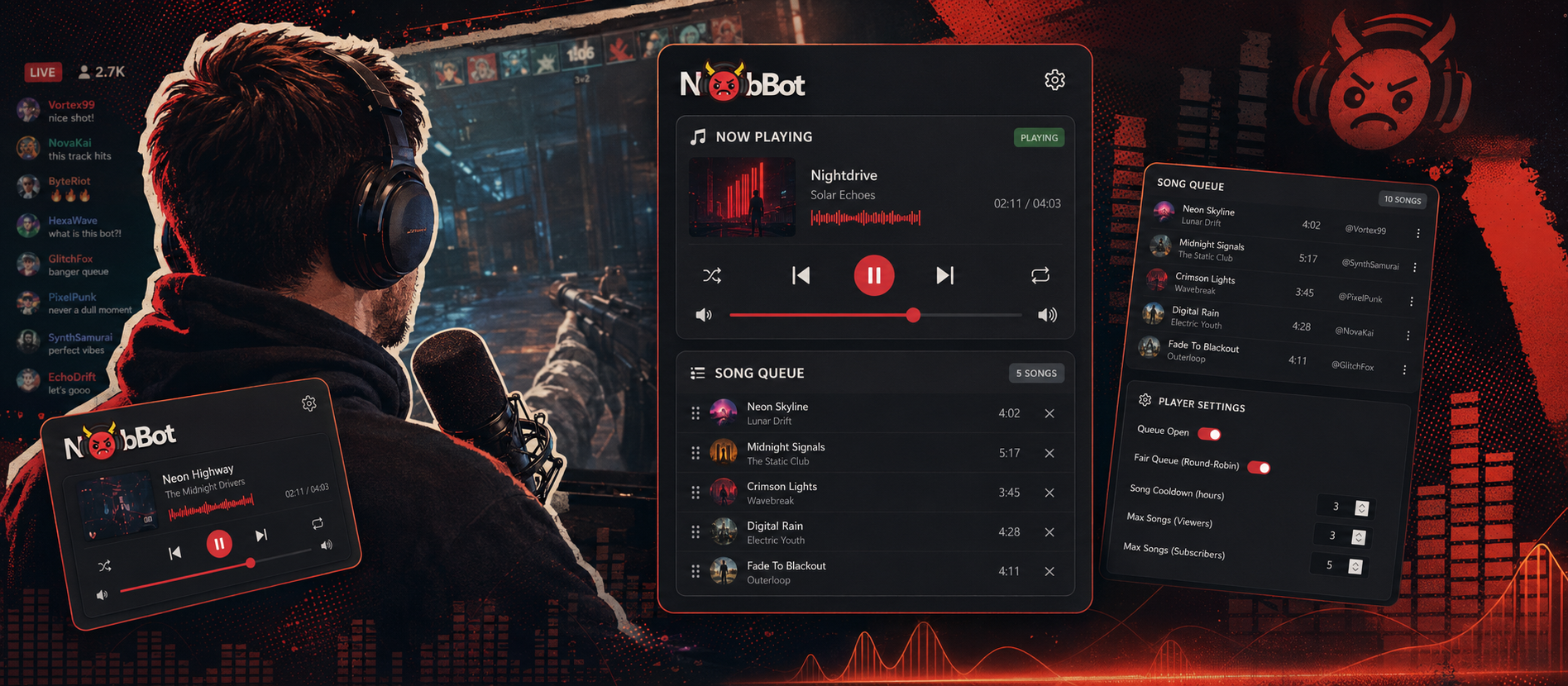 NobBot music player and request queue layered over a live Twitch stream