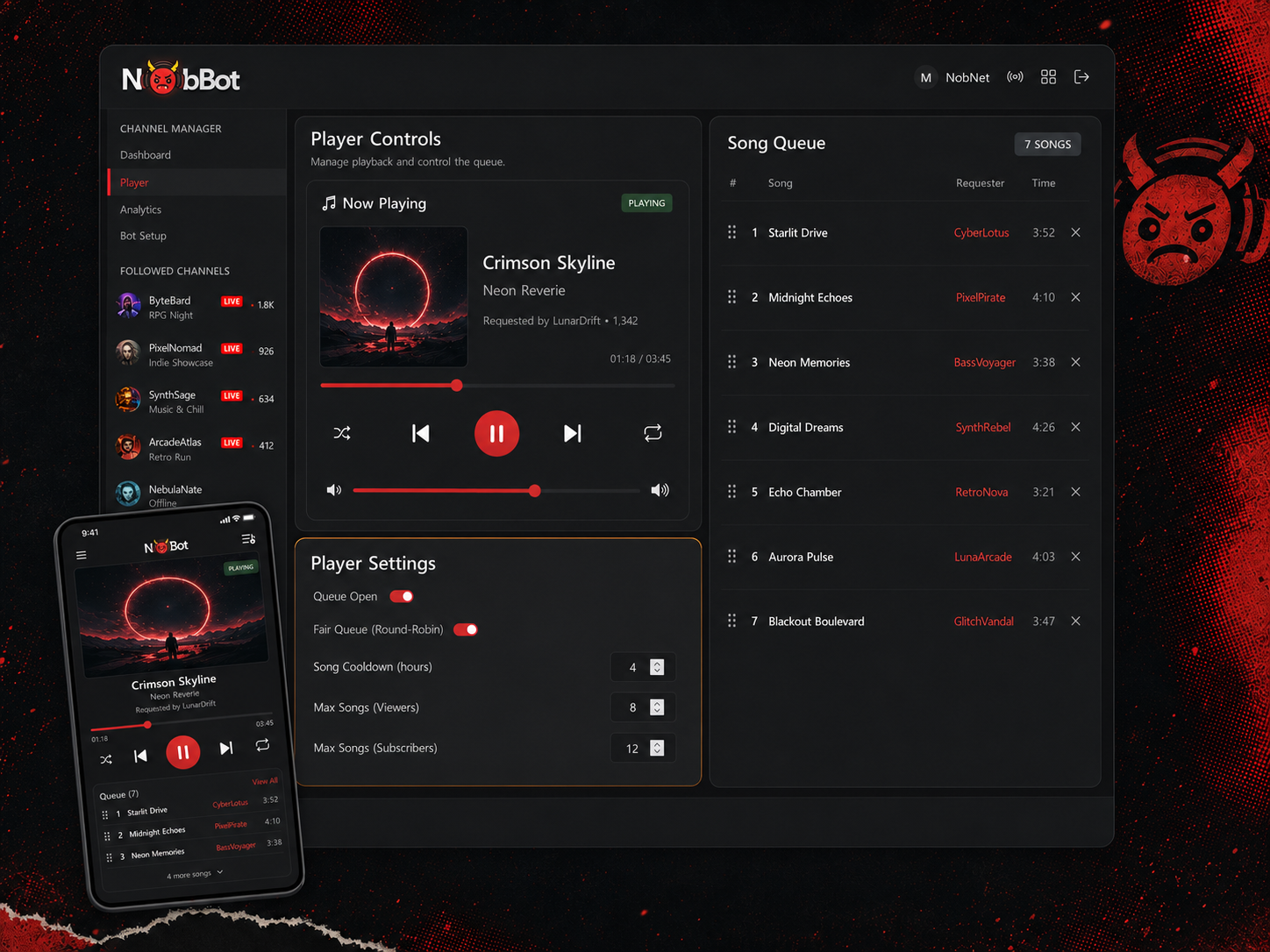 NobBot player controls and song queue shown across desktop and mobile interfaces