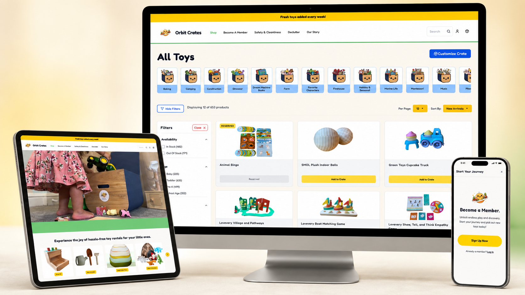 OrbitCrates toy catalog and membership experience across desktop, tablet, and mobile
