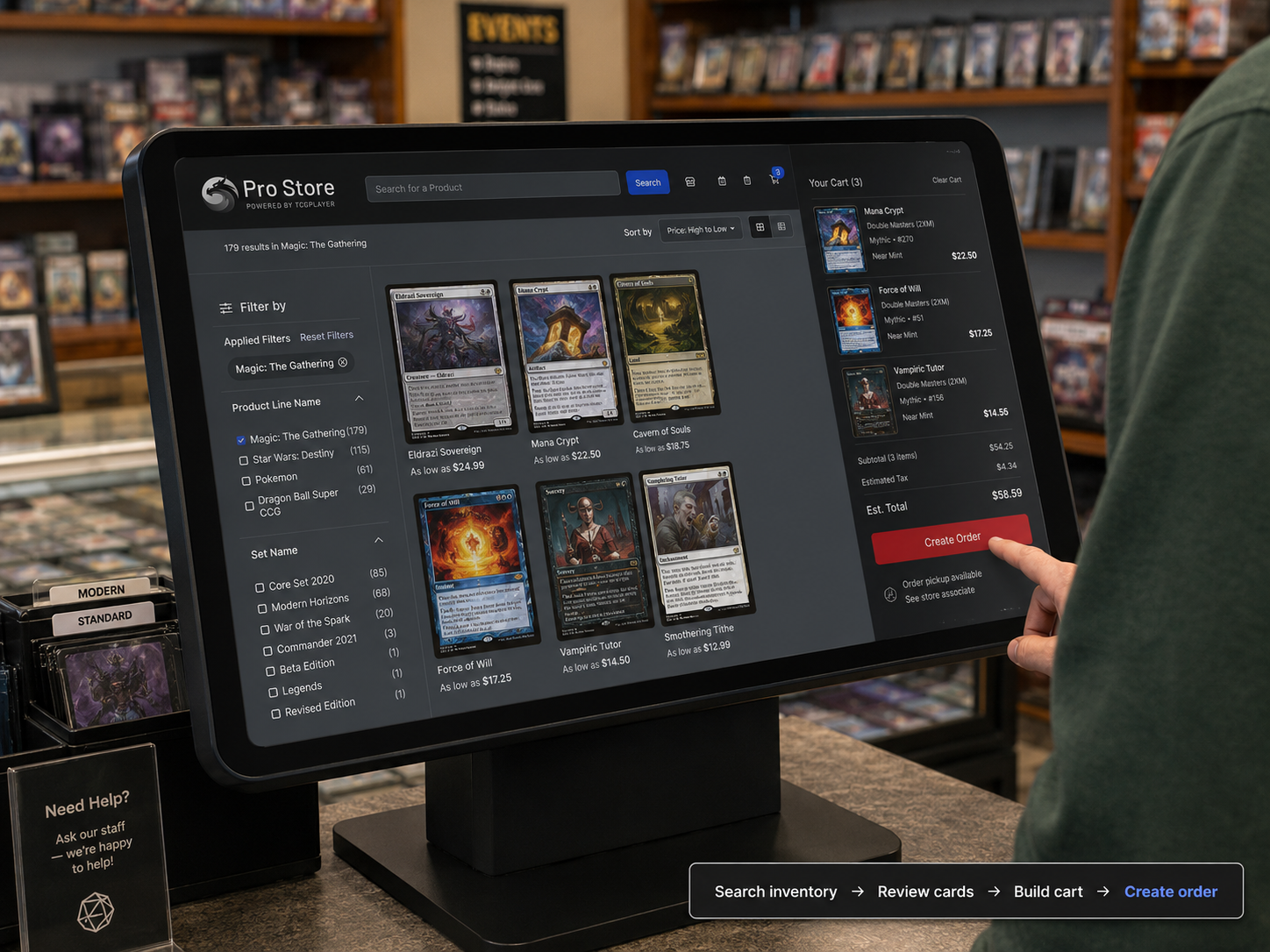Customer using a TCGplayer inventory and ordering kiosk inside a local game store