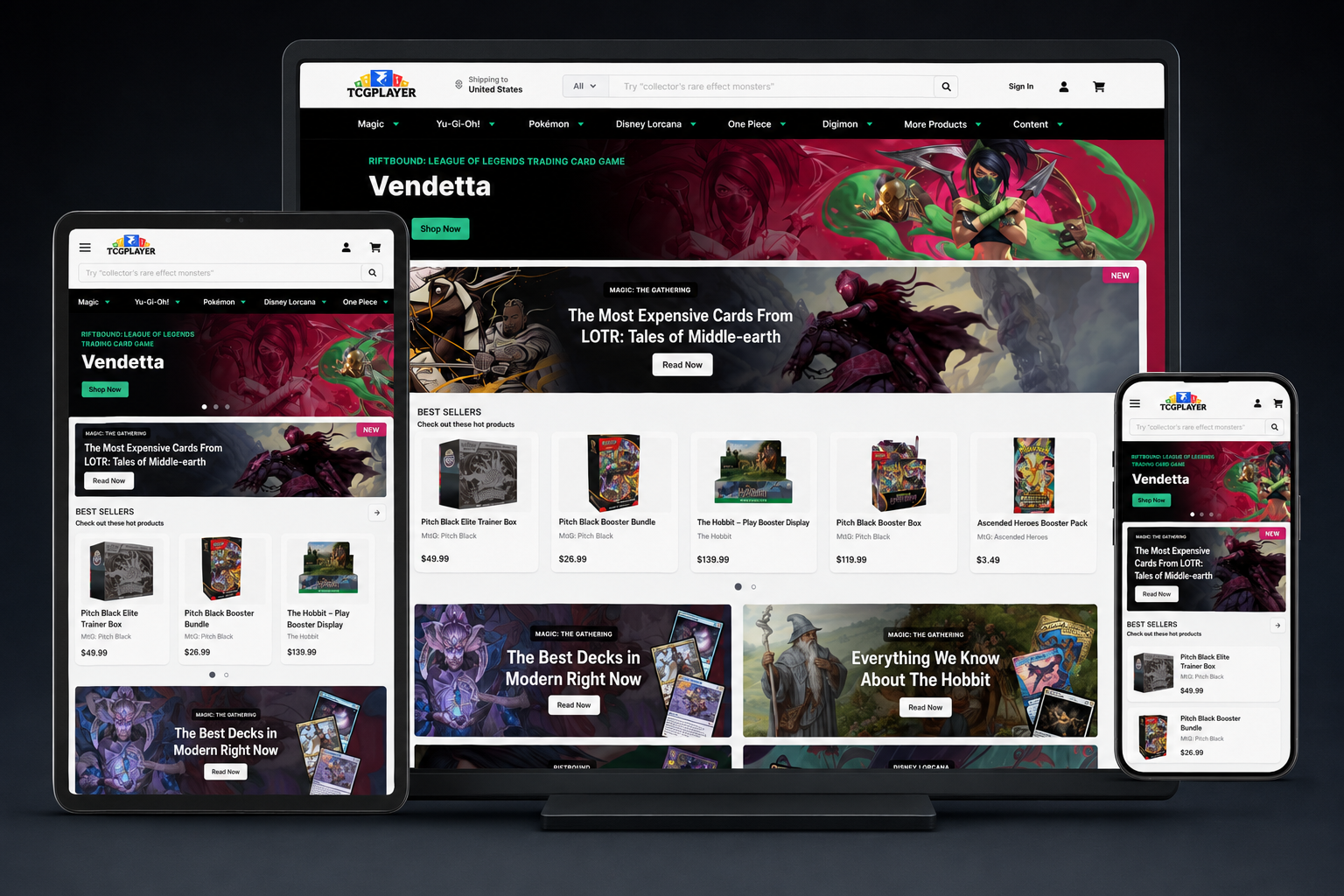 TCGplayer marketplace adapted across desktop, tablet, and mobile screens