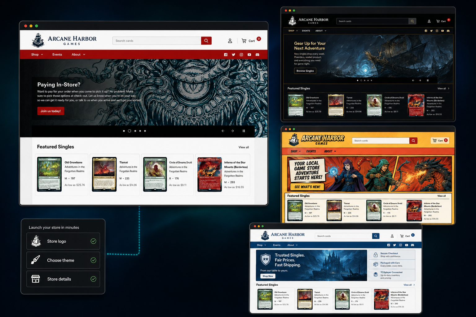 Multiple retailer storefront themes generated from a shared TCGplayer platform